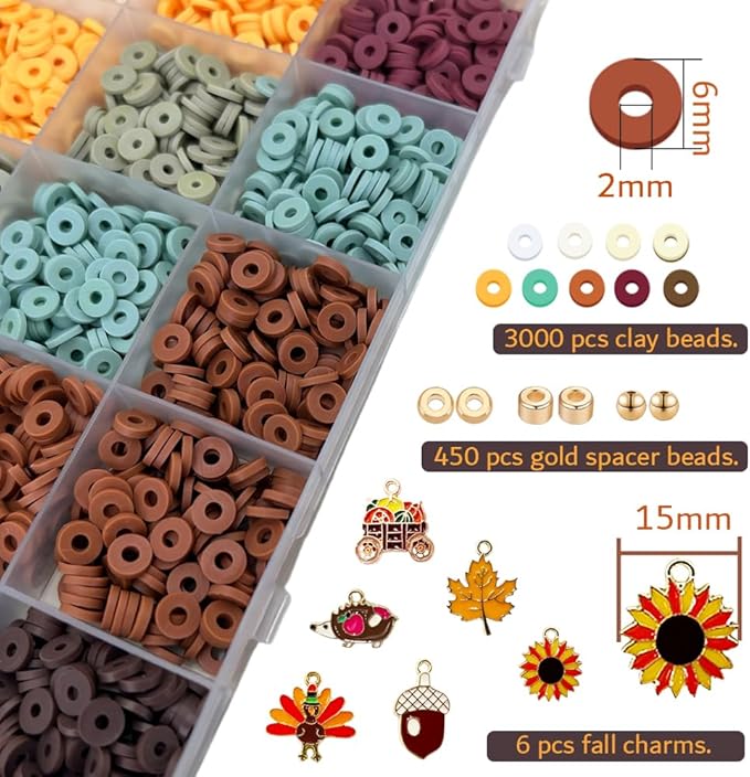 MIIIM Fall Clay Beads Kit for Bracelets Making, Heishi Beads for Friendship Bracelet, Thanksgiving Clay Charms and Gold Spacers for Jewelry Making, Crafts, Concert, Raves, Gifts