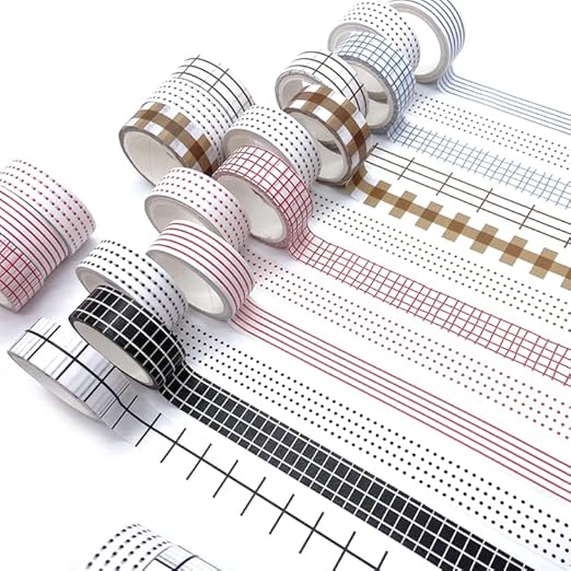 Basic Washi Tape Set 12 Rolls Dot & Grid Decorative Tapes for Journals, Planners, Scrapbooking, Gift Wrapping, DIY Crafts