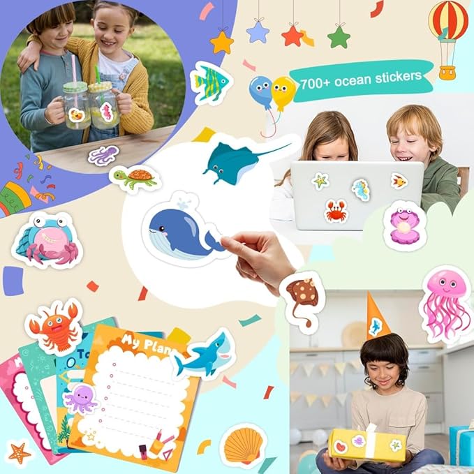 36 sheets ocean stickers for kids, 700+ under the sea fish animal stickers for scrapbooking, water bottles, kids party favors,crafts decorations