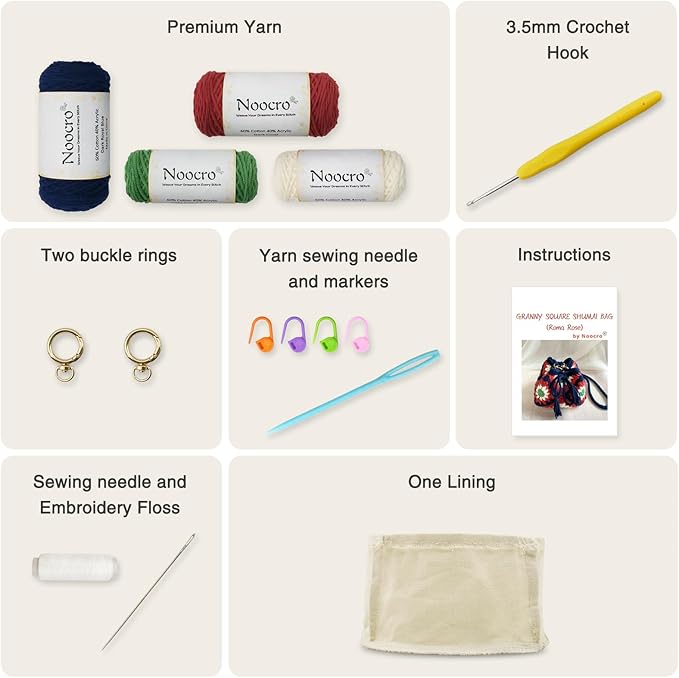 Noocro Crochet Kit Granny Square Shumai Bag, Purse, Complete DIY Kit, Detailed Instructions, Video Tutorials, for Beginners or Intermediate and Advanced Crocheters (Roma Rose)