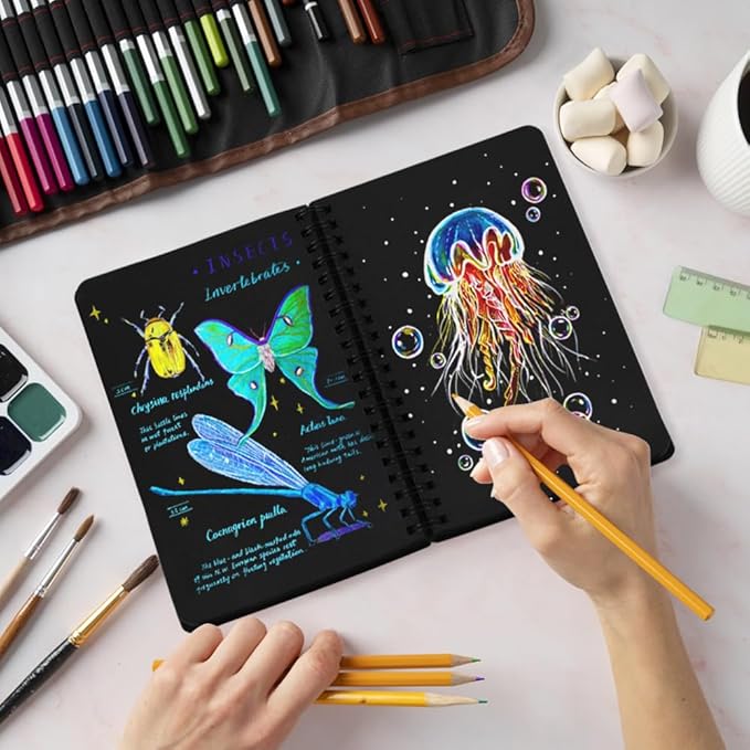 5" x 7" Black Paper Mixed Media Sketch Book,Spiral Bound Art Sketchbook,70 Sheet 110GSM Black Acid Free Paper,Art Journal Sketchbook for Drawing Writing Sketching Illustration