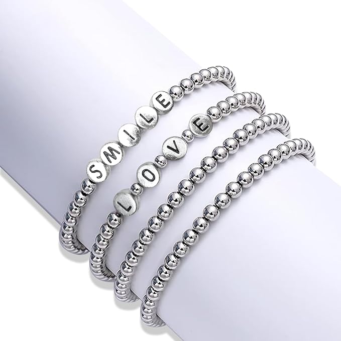 Hpebl 1320PCS Smooth Round Silver Beads for Bracelet Making Kits 4MM/6MM Jewelry Making Supplies Silver Letter Beads for Jewelry Making Kit with 2PCS Crystal String 1PCS Scissors for Adult
