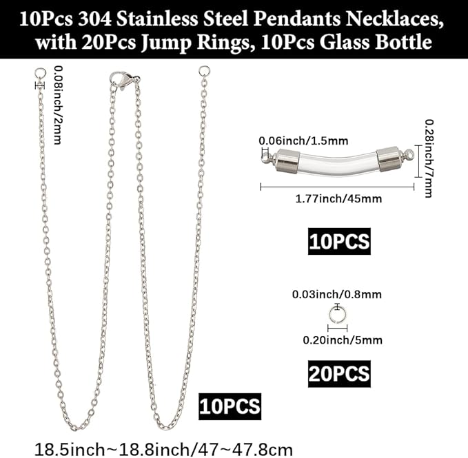 SUNNYCLUE 1 Box DIY 10 Sets Vial Necklace Kit Glass Bottle Necklace Empty Clear Screw Caps Bottles 304 Stainless Steel Glass Vials for Jewelry Making Kits Memorial Keepsake Perfume Hair Mud Supplies