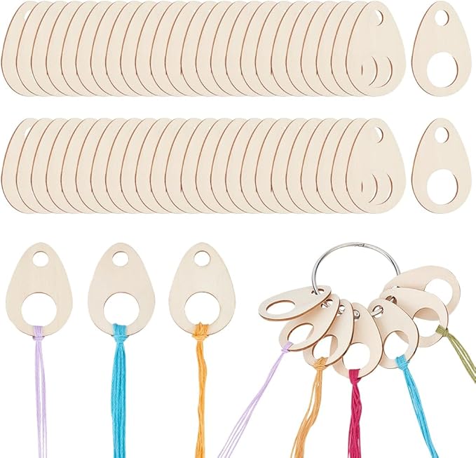 BENECREAT 100pcs Teardrop Wood Thread Drops, 1.9x1.3inch Wood Cross Stitch Thread Organization with Floss Ring for Craft DIY Sewing Storage, 2mm Thick