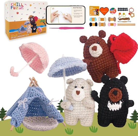 ChillFuzz Animal Crochet Kit Beginner Crochet Kit for Adults with Soft Yarn Hook and Instructions Handmade DIY Gift Bear