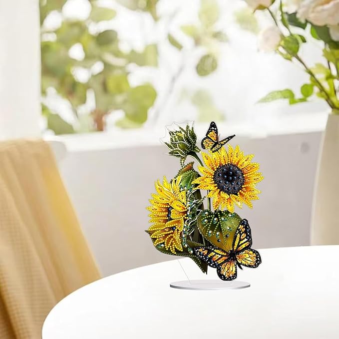 hyzsj DIY Diamond Desktop Ornament Sunflower, Crystal Butterfly Diamond Art Painting Tabletop Ornaments Single Sided, Diamond Ornament for Adult Beginner Home Office Decor Crafts Gift