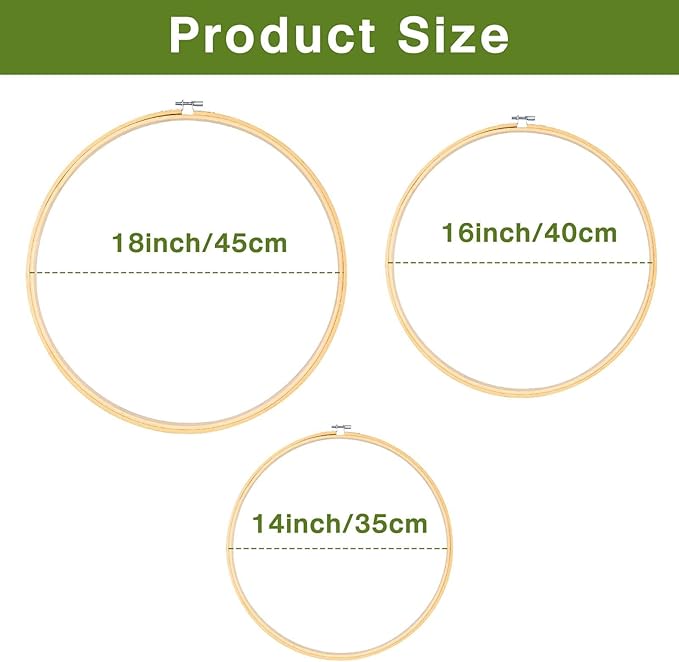 caydo 3 pieces 14/16/18inch large round embroidery hoops kit, cross stitch hoop ring for art craft handy sewing, wedding wreath, dream catch, and wall hanging decoration