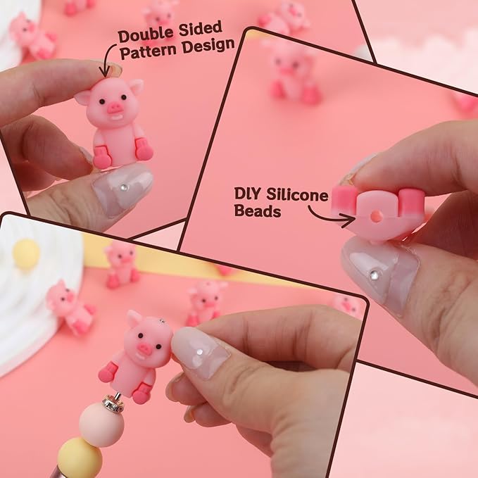 12PCS 3D Pig Silicone Beads for Pens, 12Pcs Pig Silicone Focal Beads for Keychain Making DIY Handicraft（3D Pig ）