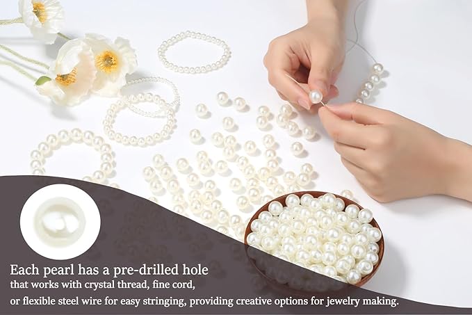 200Pcs 12mm Pearl Beads for Jewelry Making, Cute Acrylic Loose White Clay Pearl Beads for Crafting, Charm Fake Round Pearls with Hole for Necklace, Earring, Bracelet, DIY Craft, Vase Filler