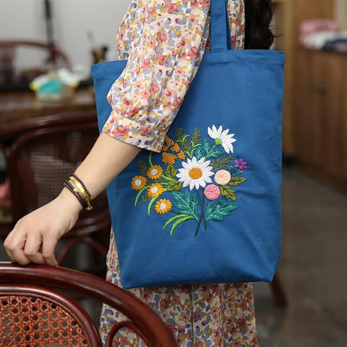 Canvas Tote Bag Embroidery Kit with Pattern for Beginners, Arts and DIY Embroidery Crafts Kits for Adults, Instructions, thimble, Embroidery Hoops, Color Threads (darkblue, CR002 chenhuicaoxin)