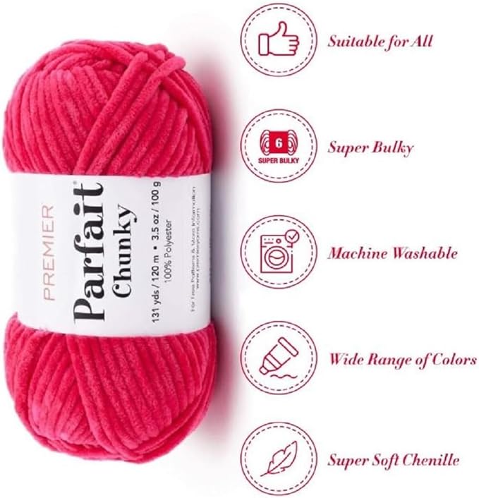 Premier Yarns Parfait Chunky Chenille Yarn 3.5 Oz 6 Super Bulky Weight 3 Pack Bundle with Bella's Stitch Place Holders (Bright Pink)