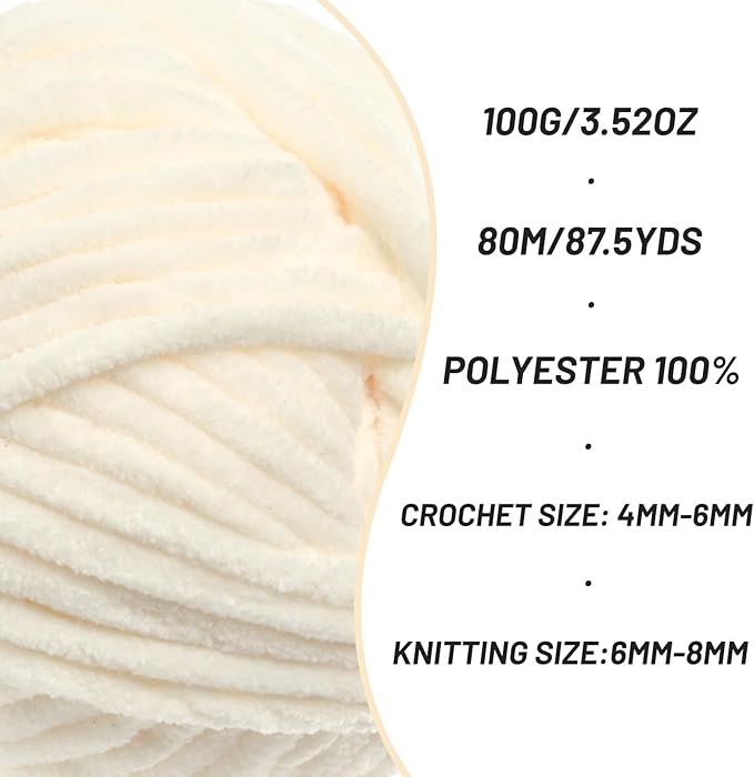 3 Pack Fluffy Chenille Yarn for Crocheting, Chunky Velvet Yarn for Crochet Amigurumi, Baby Yarn for Crocheting Soft Blanket, 262.4yds /10.5 oz Bulky Yarns for Crafts/Hats/Shoes/Socks (3 Milky White)