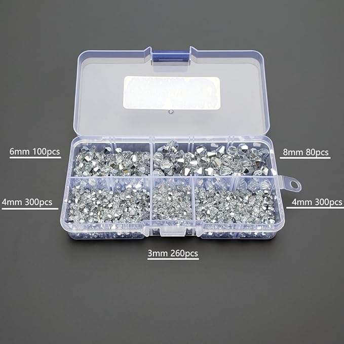 Translucent Silver Bicone Glass Beads for Jewelry Making, Faceted Crytal Spacer Beads for Bracelet Necklace Earring (3mm 4mm 6mm 8mm Mixed Sizes, 1040pcs)
