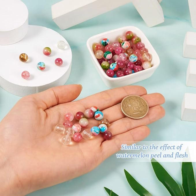 FASHEWELRY 100pcs 8mm Mixed Stone Beads Round Stone Jewelry Making Kit with Elastic String Healing Crystals for DIY Bracelet Necklace Earrings
