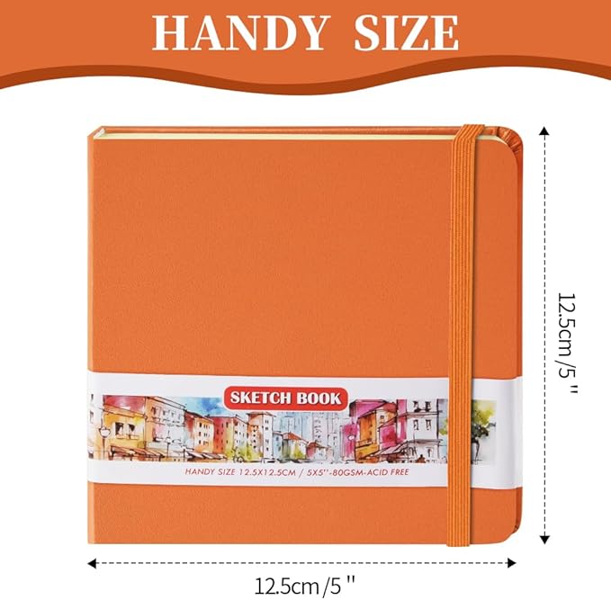 Square 5x5 inches 80gsm 96sheets/192 Pages Notebooks Blank Sketchbooks Travel Journal Pocket Hardcover Paint Writing Diary Memo Planner PU Leather Cover. Orange