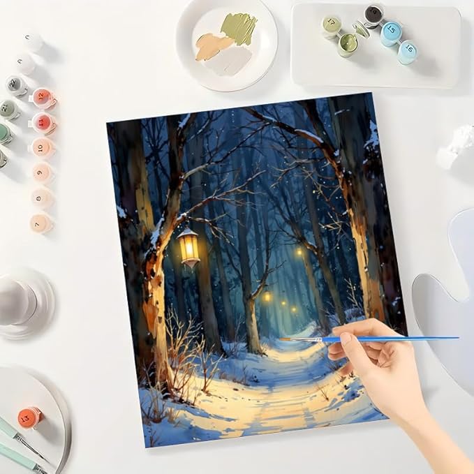 Snowy Lantern Walk Paint by Numbers Kit for Adults - DIY Winter Night Forest Painting on Canvas, Acrylic Paint Set, Suitable for Beginners, Art for Home Decoration or Gifts(12X16IN Framed)