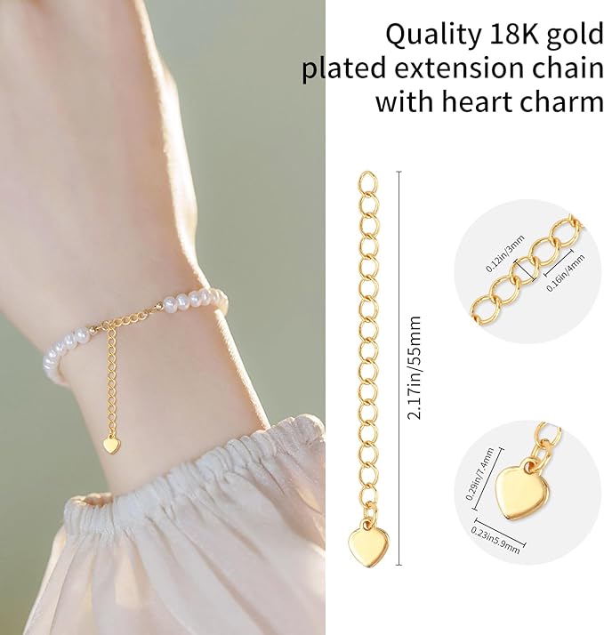 30 Pcs Necklace Extenders,18K Gold Plated Necklace Extender 55 mm,Chain Extender with Heart Chain Tabs for Jewelry Making