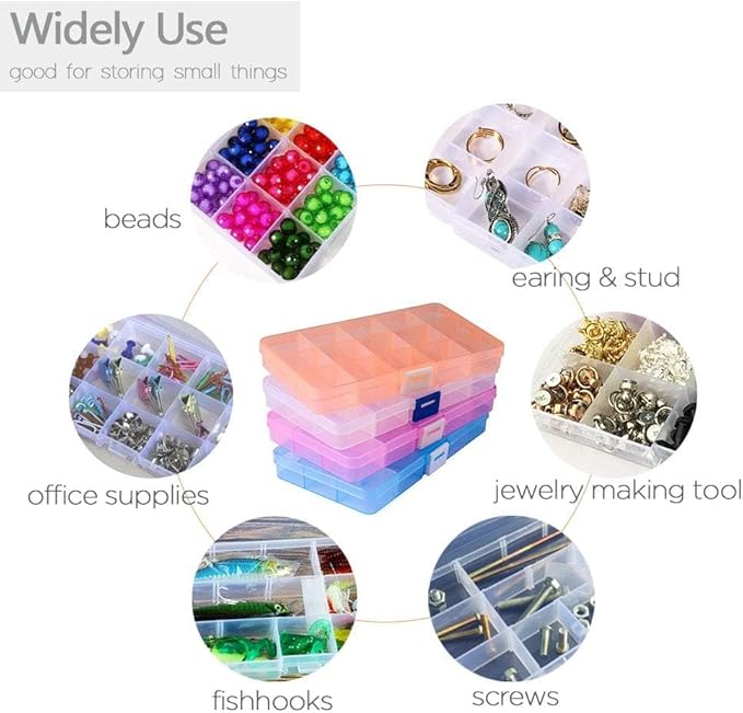 Opret 15 Girds Bead Organizer(4 Pack), Earring Organizer Box, SMALL Plastic Containers with Adjustable Dividers for Crafts Jewelry Screws Fishing Tackles Small Items, Size 6.9×3.9×0.9in