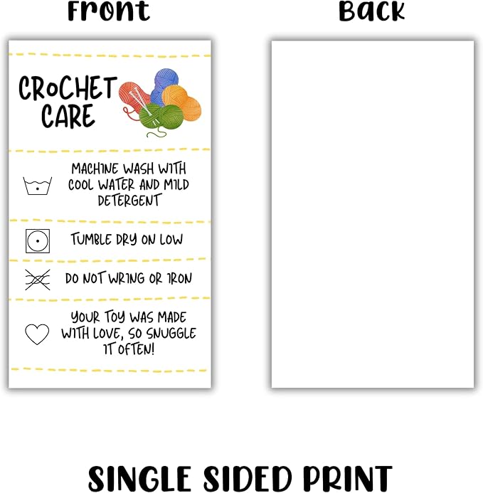 Crochet Care Instruction Cards | 50pk 2x3.5” RAOK Random Acts of Kindness Tags Yarn Plush Doll Scarf Don’t Choke People Loaf Pattern DIY Crafters Knitting