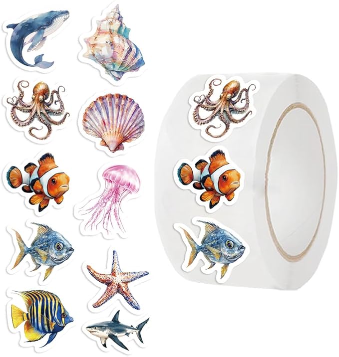 1000pcs ocean animal stickers roll, 2 rolls, 10 styles cartoon sea creature stickers, whales, octopus, sharks, jellyfish, clownfish, shells & fish decals for classroom rewards