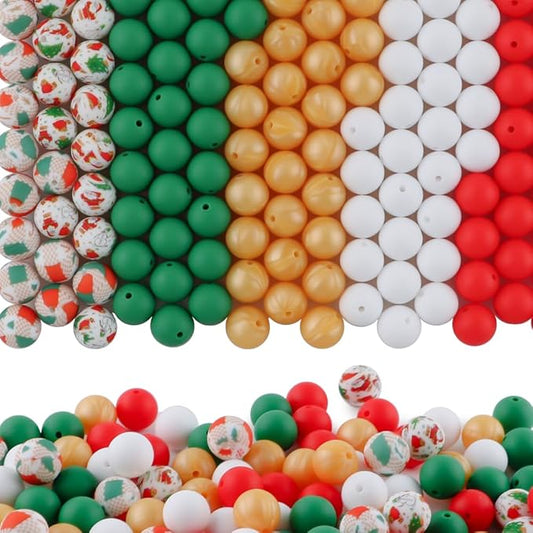 150Pcs Mixed Color 15mm Silicone Beads for Keychain Making, Christmas Green Red Print Silicone Beads for Pens and Bracelet Jewelry Making