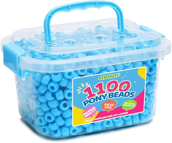 gaganiu pony beads 1100+ pcs – light blue plastic kandi beads in jar for bracelets, hair braids, jewelry making & diy crafts