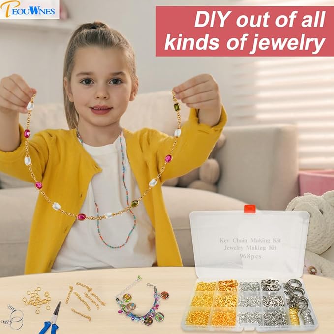 968pcs Jump Rings for Jewelry Making Kit, PEOUWNES Gold & Silver Keychain Rings with Lobster Clasps, DIY Bracelet Necklace Charms Supplies (Multi-Use Craft Set)
