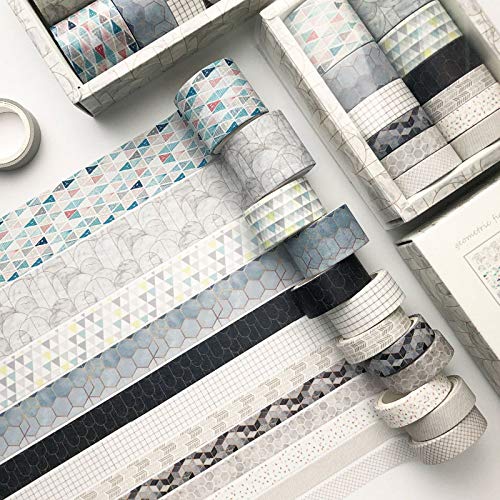 CooBigo Washi Tape Set, 12 Rolls 4 Size Decorative Masking Washi Tapes for Craft, Scrapbook, DIY, Planners, Gift Wrapping (Geometric Pattern)