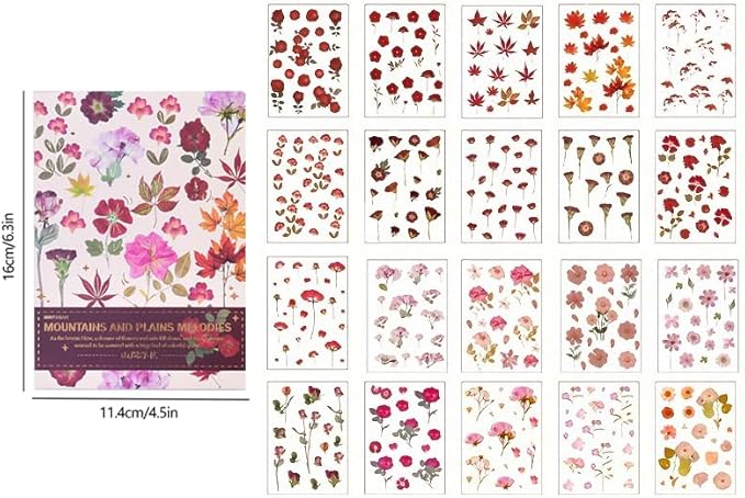 DAPUTOU 400PCS Plants Floral Scrapbook Stickers Kit Vintage Flowers Fall Maple Leaves Transparent Waterproof Stickers Book for Scrapbooking Supplies Aesthetic Junk Journal Journaling Craft 20-Page