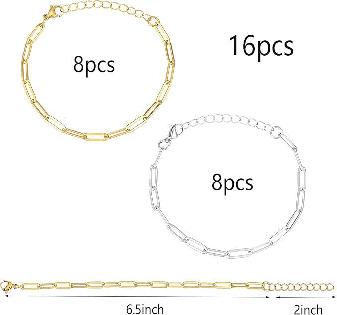 16 Pack Charm Bracelet Chain Bulk Gold Plated Stainless Steel Paperclip Chains Bracelets for DIY Jewelry Making