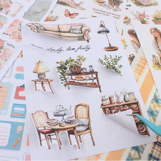 Pre-Cut Picnic Time Scenery Women Sticker Book for Journaling, 20 Sheets A5 PET Washi Paper Materials Stickers for Scrapbooking, Junk Journal Supplies, Planner, Collage