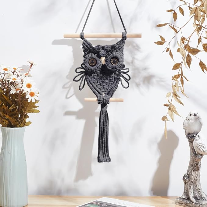 ORIGACH DIY Macrame Owl Wall Hanging Tapestry Kit Grey Cotton Handmade Macrame Owl Kit with Video Tutorials Boho Macrame Wall Hanging Decor Woven Ornament Gift for Bedroom Living Room