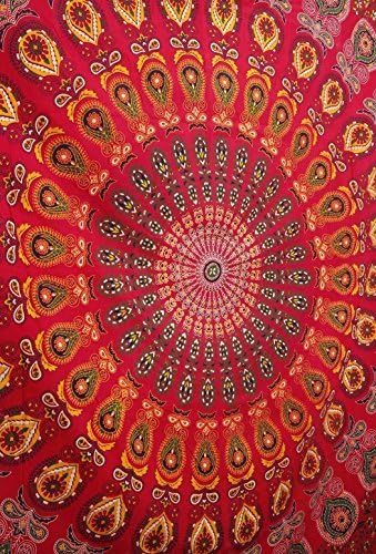 bless international handmade indian hippie bohemian psychedelic peacock mandala wall hanging college dorm beach throws table cloth bedding tapestry (golden red, queen(84x90inches)(215x230cms))