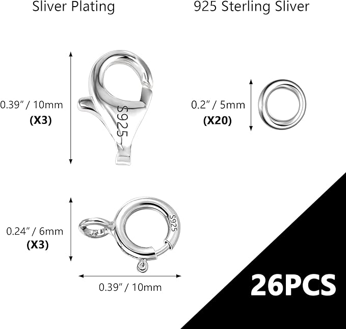 925 Sterling Silver Lobster Claw Clasps Set, Lobster Clasps Connector Closures and Spring Clasps with Open Jump Rings for Necklace Bracelet DIY Jewelry Finding Supplies (26pcs)