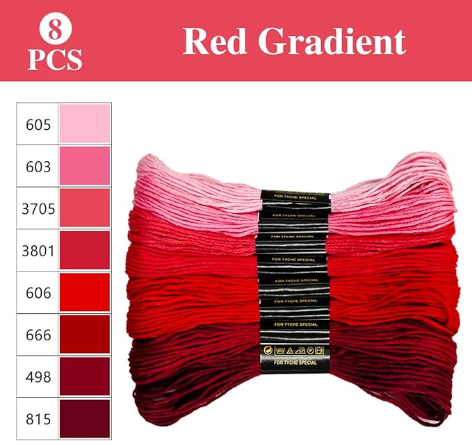 Zhenqing 8-Color Gradient Embroidery Floss Set | 7 Color Families (Red, Yellow, Blue, Green, Purple, Brown, B&W) | 56 Pre-Sorted Skeins, 6-Strand Threads (8m Each) for Sewing & Crafts