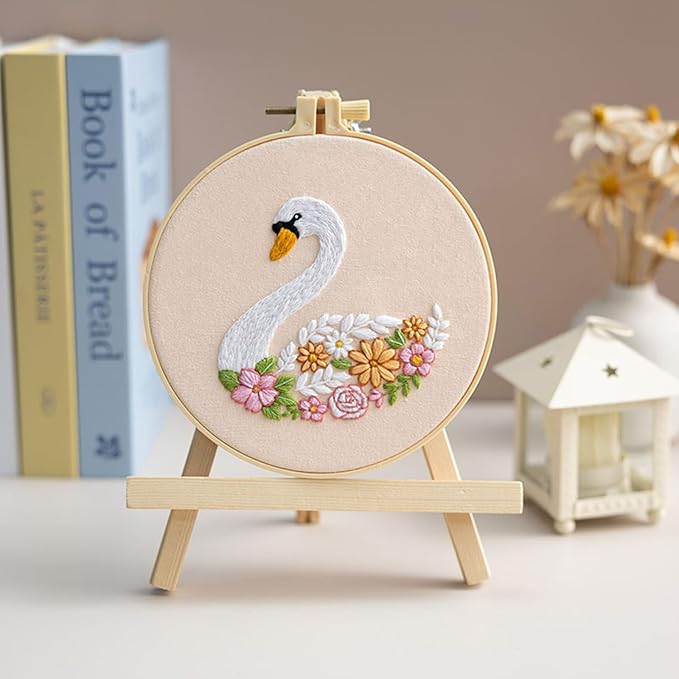 louise maelys cute animal embroidery kits for beginners,cross stitch kit for adults starters,diy needlepoint tool including swan and flower pattern,hoop,instruction and threads