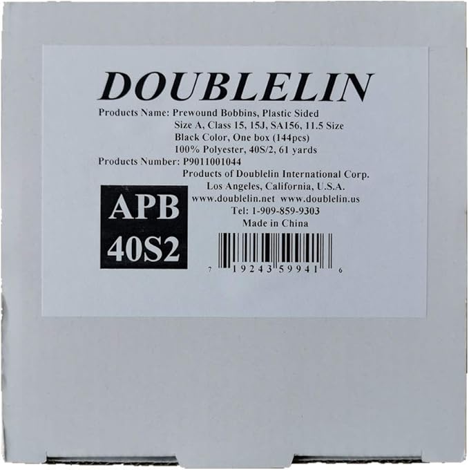DOUBLELIN Prewound Bobbins, Size A/Style A/Class 15 / SA156 / Size 11.5, Plastic Sided, Polyester, 144 pcs – for Sewing & Embroidery Machines (40S/2 Black)
