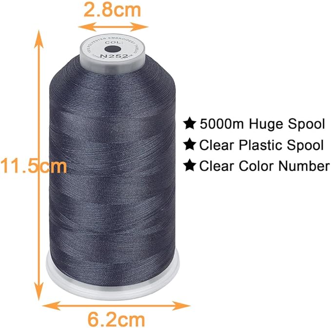 New brothread - Single Huge Spool 5000M Each Polyester Embroidery Machine Thread 40WT for Commercial and Domestic Machines - Dark Gray (Janome Color)