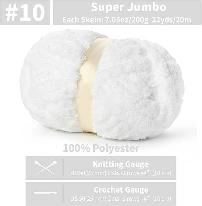 10 Pack Jumbo Chenille Yarn for Crocheting, #10 Super Bulky Baby Soft Yarn for Hand Knitting, 220 yds /70.5 oz Fluffy Chunky Knit Throw Blanket Yarn (Snow White)