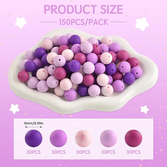 ZIFTY 150Pcs Silicone Beads for Keychain Making Kit 15mm Bulk Loose Round Rubber Silicone Focal Beads for Pens, Necklace Bracelet Making Kit, Jewelry, Art, Crafts, DIY(Purple)