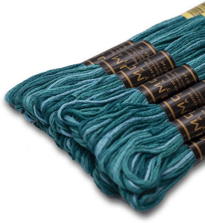 Pack of 12 Premium Embroidery Thread | 100% Egyptian Cotton Premium Skeins | Cross Stitch Embroidery Floss | Oeko TEX Certified | Ideal for Arts & Crafts (Teal Blue Variegated 1263)