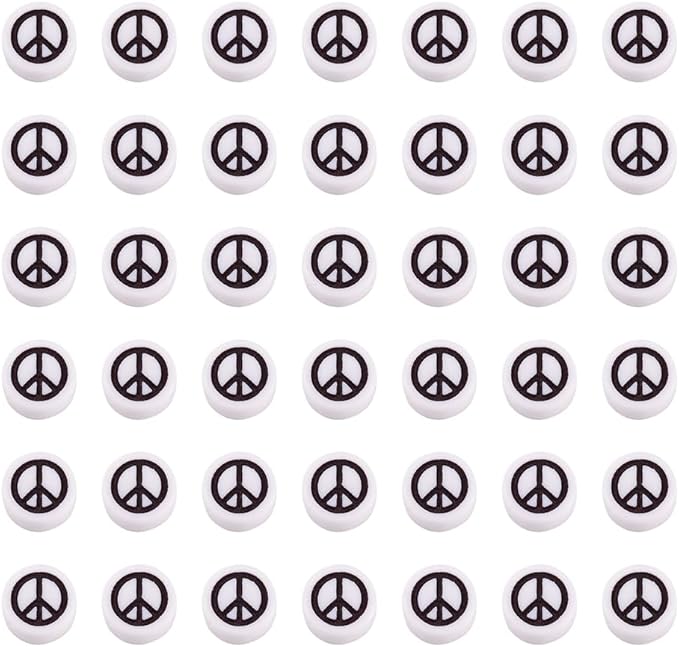 200pcs Peace Sign Acrylic Beads - Opaque White Flat Round Beads, Black Symbol Spacers for DIY Jewelry Crafts - Hole 1.6mm