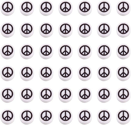 200pcs Peace Sign Acrylic Beads - Opaque White Flat Round Beads, Black Symbol Spacers for DIY Jewelry Crafts - Hole 1.6mm