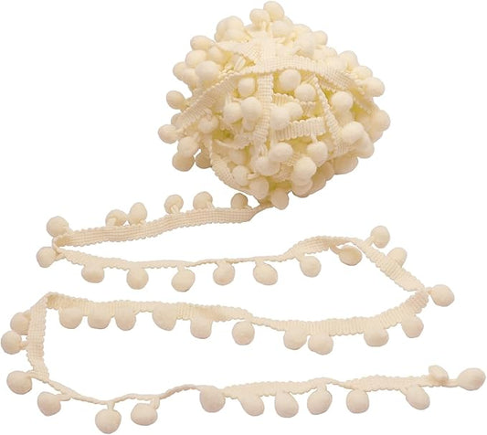 Homiest 10 Yards Pom Pom Trim for Sewing, 1 Inch Wide Beige Ribbon Bundles Textured Fabric Fringe Ribbon, 13mm Ball Pompom Trim for DIY Crafts Curtain Clothes Pillow Home Decoration