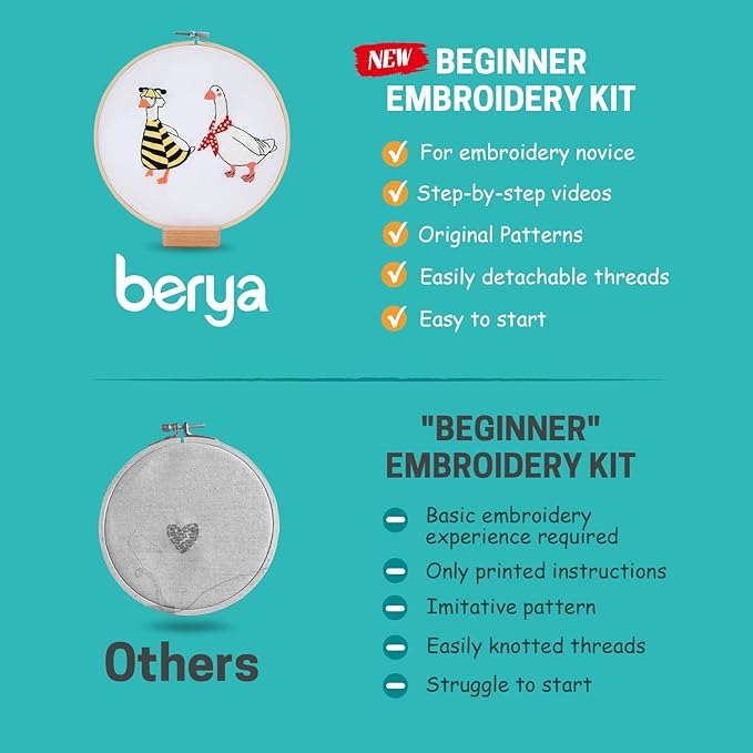 Embroidery Kit for Adult Beginners, Bee Goose Embroidery Kit with Step-by-Step Instructions and Video,Printed Cloth,7.87" Hoop, Display Stand,Color Threads,Threader & Needles for Craft Lover(BED003)