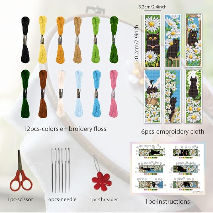 ORIGACH 6 Pcs Cross Stitch Bookmark Kit for Beginner Adults with Backing Felt Floss Instruction, Cat and Daisy Stamped Embroidery Bookmark Kit for Starters Book Lovers