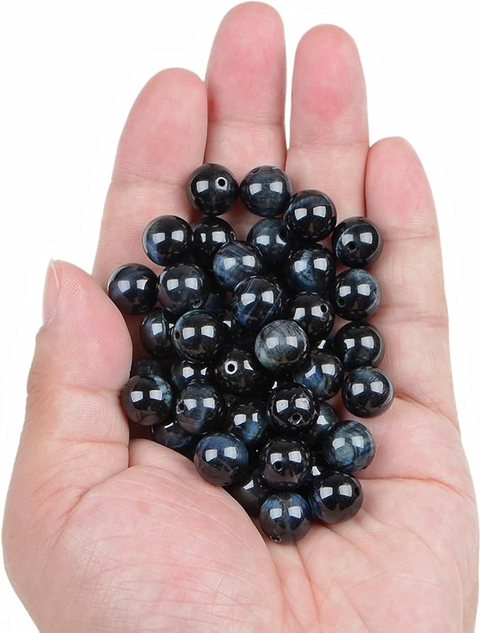 bymitel 90pcs crystal beads stone gemstone round energy healing loose beads with stretch cord for jewelry making bracelets anklets (dark blue tiger's eye, 10mm 90pcs)