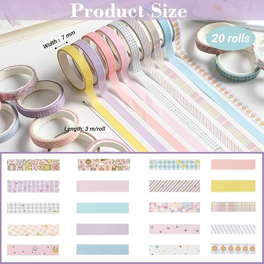 Washi Tape Set 20 Rolls Cute Vintage Washi Tape Decorative Tapes Adhesive Craft Washy Pattern Tapes for Scrapbooking Arts DIY Crafts Journal Planners Gift Wrapping Junk Journal Supplies, Cute