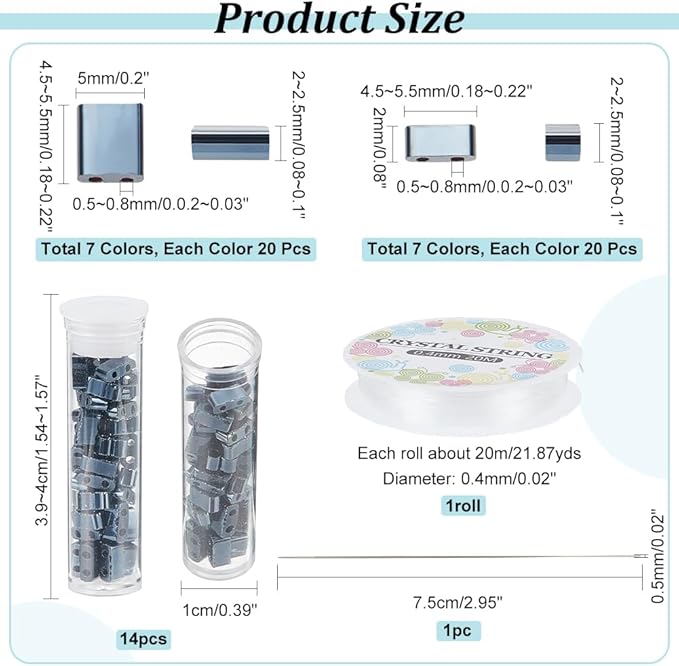 NBEADS 455 Pcs 2 Sizes 2-Hole Beads, 7 Color Rectangle Glass Seed Beads for Jewelry Making DIY Kit