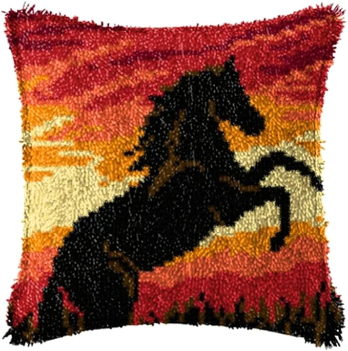 LAPATAIN Latch Hook Kits for DIY Throw Pillow Cover,Horse Needlework Cushion Cover Hand Craft Crochet 17x17inch